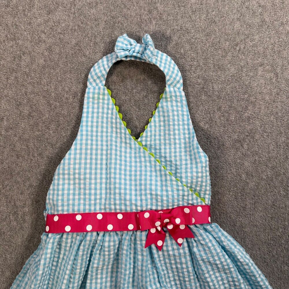 Girls Light Blue Gingham Unicorn Halter Dress with Pink Bow - Picture 3 of 5